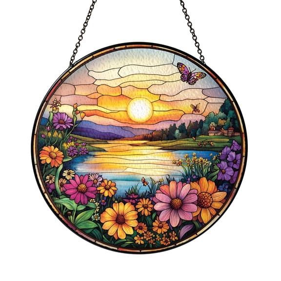 Sunset Butterfly Garden Window Hanging – Stained Glass Art Decor
