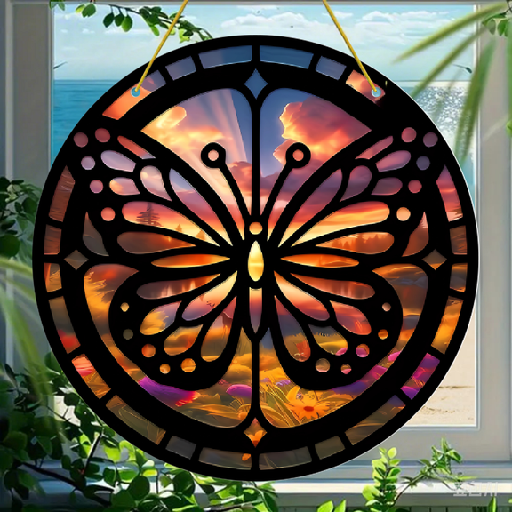Sunset Butterfly Silhouette Sign, Round 8" Acrylic Suncatcher, Faux Stained Glass Style, Perfect Gift For Nature Lovers, Ideal For Home, Garden, Yard, Bedroom, Window, Patio, Balcony,1pc, 2D Flat