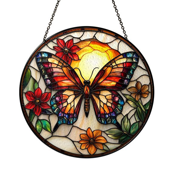 Sunset Butterfly Stained Glass Window Suncatcher, Warm Nature Inspired Hanging Decor