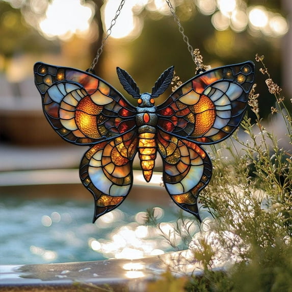 Sunset Butterfly Suncatcher, Acrylic Window Hanging with Glowing Orange Wings and Summer Garden Colors, Boho Nature Decor Gift