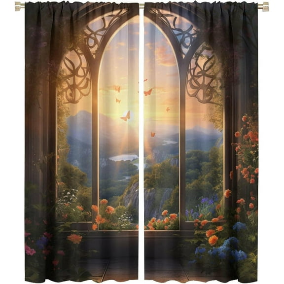 Sunset Butterfly Window View Frame Blackout Curtain, Medieval Window Plant Vines Flower Butterfly Art Theme Curtain, Boy Girl Room Living Room Blackout Curtain 2 Pieces 42x54in
