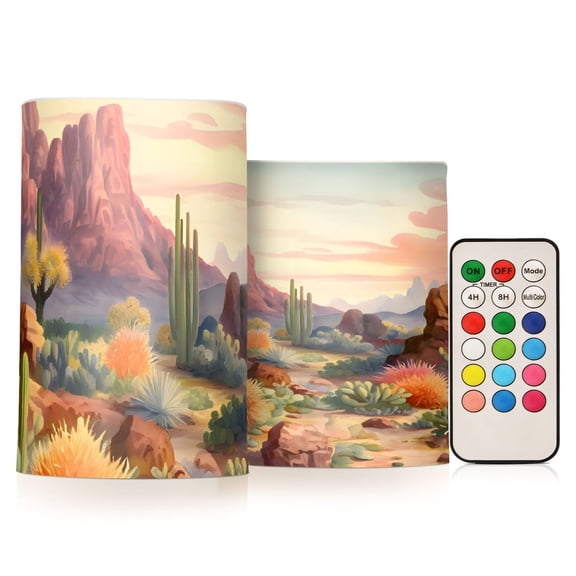 Sunset Cactus Flickering Flameless Candles Battery Operated with Remote Timer LED Pillar Candles Set of 2