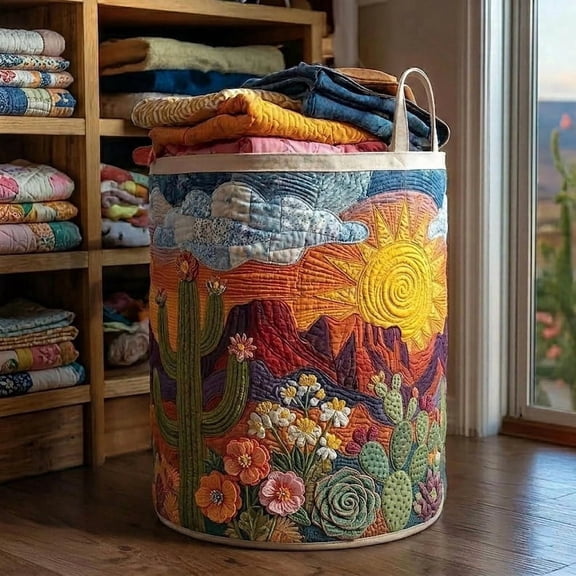 Sunset Cactus Flower Field Quilted Laundry Basket: Floral Cactus Family Hamper
