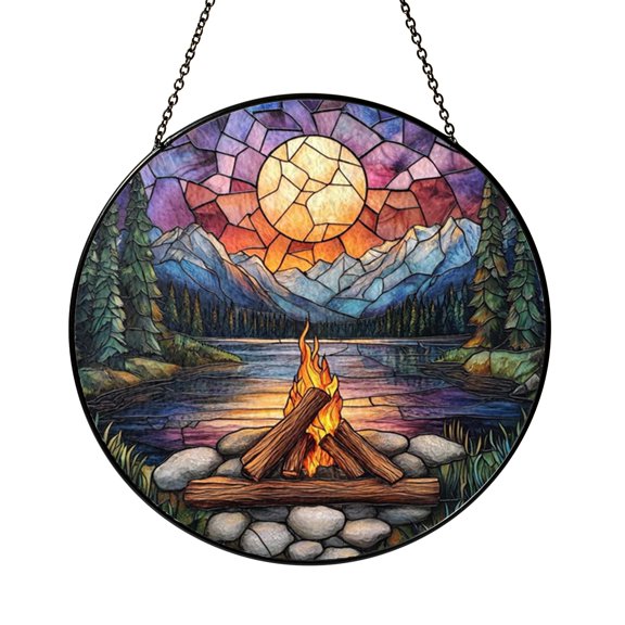 Sunset Campfire Mountain Scene Stained Glass Window Art, Inviting Rustic Home Decoration