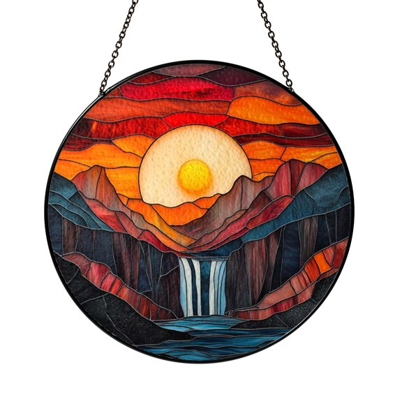 Sunset Cascade Landscape Glass Suncatcher Round Window Hanging, Elegant Home Decor Gift