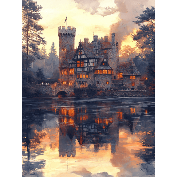 Sunset Castle Lake House Canvas Print/Wall Art Perfect for Living Room Office Dining Room and Hallway Decoration.