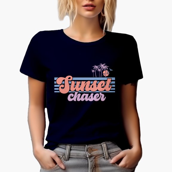 Sunset Chaser feat. Beach Palm Trees Art Merch Gift, Navy Blue T-Shirt, Small