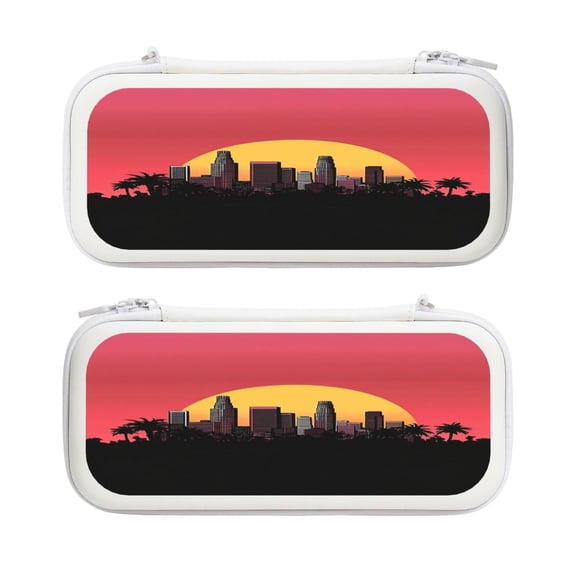 Sunset City Skyline, Carrying Case For Nintendo Switch & OLED Version, Eva Lightweight Shockproof Protective Pouch Case for Game Console & Accessories with 10 Game Card Slot & Wristband, White