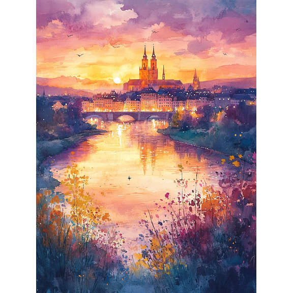 Sunset Cityscape Watercolor Painting/Canvas Art Suitable for Living Room Bedroom Office Hallway and Dining Room Decoration.