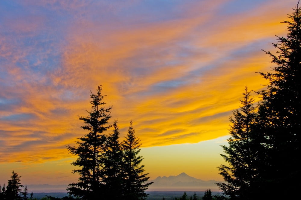 Sunset Clouds Blaze Orange Over Iliamna Volcano As Seen From The Hills Near Nikolaevsk On Kenai Peninsula Alaska Canvas Art - Bill Scott Design Pics (17 x 11)