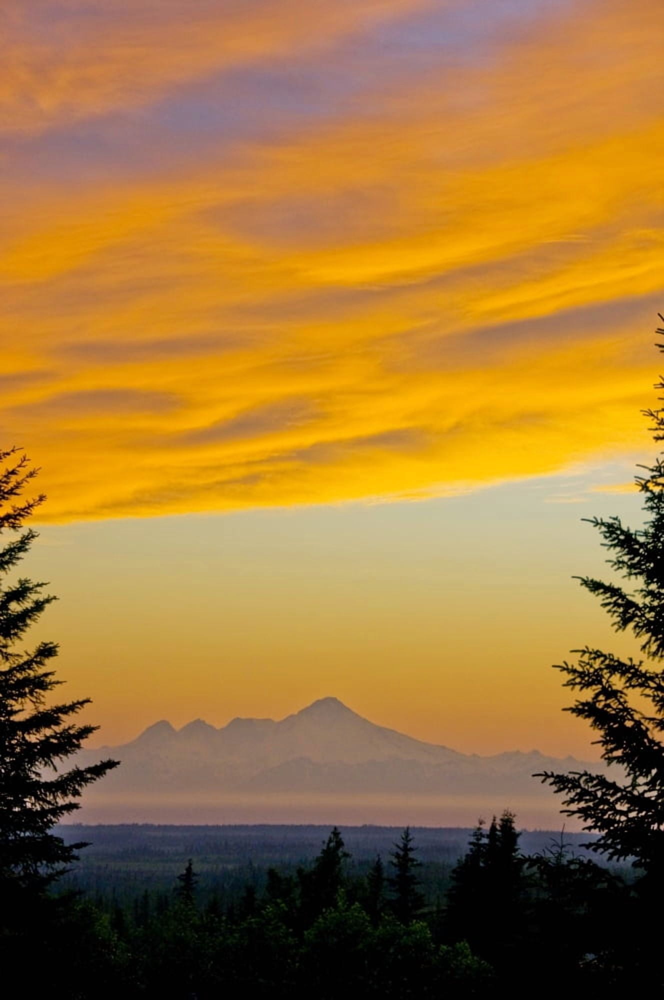 Sunset Clouds Blaze Orange Over Iliamna Volcano As Seen From The Hills Near Nikolaevsk On Kenai Peninsula Alaska Canvas Art - Bill Scott Design Pics (22 x 34)