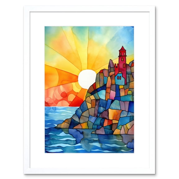 Sunset Coastal Cliffs Lighthouse Folk Art Artwork Framed Print Wall Art 9X7 Inch