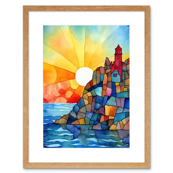 Sunset Coastal Cliffs Lighthouse Folk Art Artwork Framed Print Wall Art 9X7 Inch