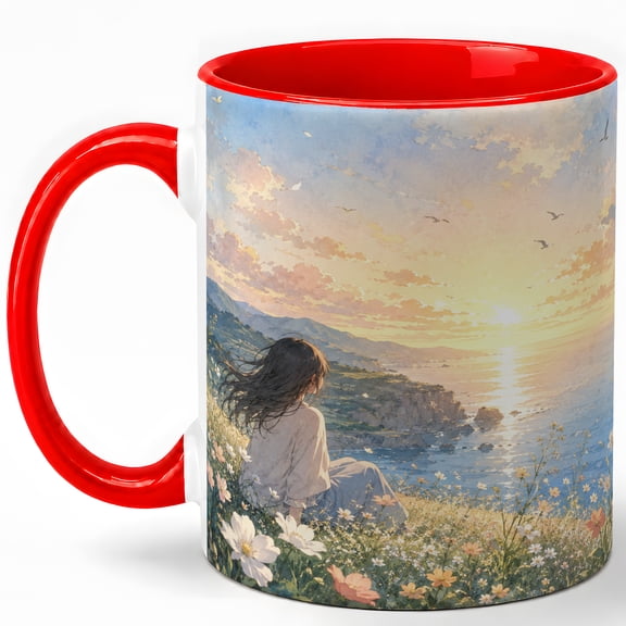 Sunset Coastal Meadow Coffee Mug, Peaceful Ocean View Mug, Nature Lover Birthday Christmas Gift, Wildflower Cliff Sunrise Anime Style Art, 11 oz White Ceramic Coffee Cup for Tea