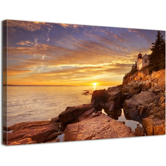 Sunset Coastal Wall Art Bass Harbor Beach Bathroom Decor Acadia National Park Poster Ocean Landscape Canvas Prints Pictures Modern Nature Lighthouse Artwork for Living Room Home Decoration 12x16"