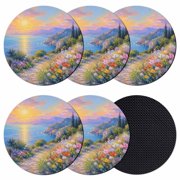 Sunset Coasters Set of 6, Absorbent Coasters for Drinks, Colorful Wildflower Path Cottagecore Ocean Coaster for Desk Coffee Table Protection, Home Decor House Warming Gifts 4"
