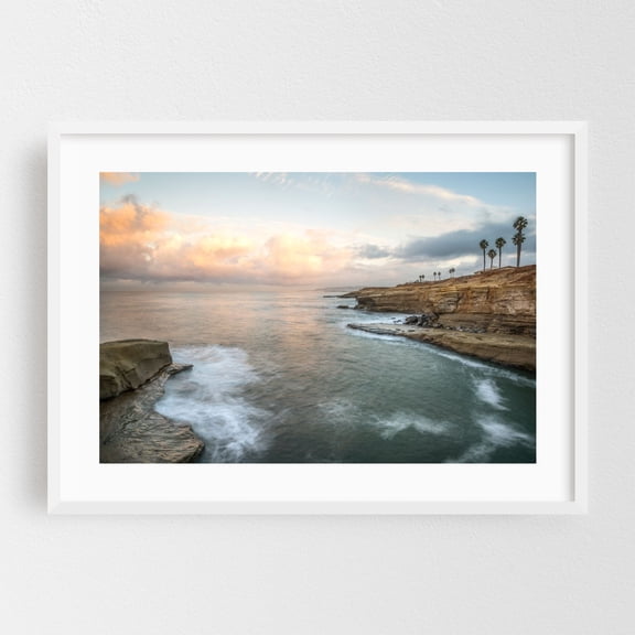 Sunset Coastline Serenity - San Diego California Photography Ocean Coast Beach Sunset Landscape Palm Tree Scenic White Framed Wall Art Print 24 x 36 inches
