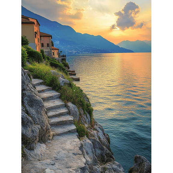 Sunset Coastline Stone Steps Canvas Print/Wall Art Perfect for Living Room Bedroom Office Hallway and Staircase Decoration.