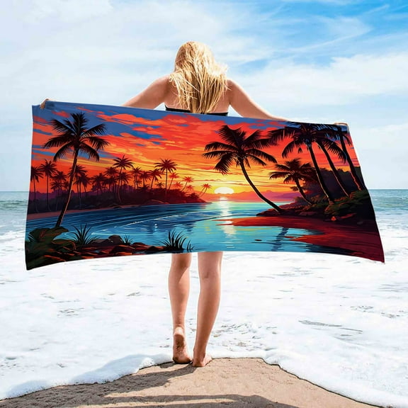 Sunset Coconut Palm Tree Beach Towel , Lightweight Pool Towel for Swimming Pool Cruise Camping Travel