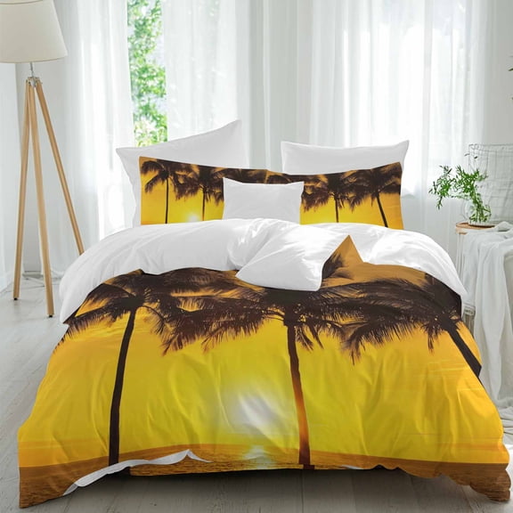 Sunset Coconut Tree Twin Size Comforter Set, Summer Landscape Sea View Bedding for All Seasons, 4 Pcs Bed Set, 1 Quiltcover (68"x86") ,1Sheet(67"x116"), 2Pillowcases (30"x20")
