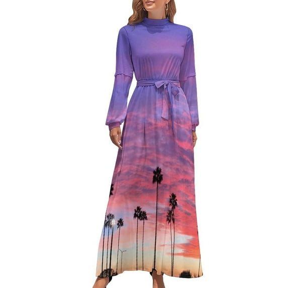 Sunset Colors Dress Abstract Art Print Vintage Graphic Maxi Dress High Waist Long-Sleeve Streetwear Boho Beach Long Dresses
