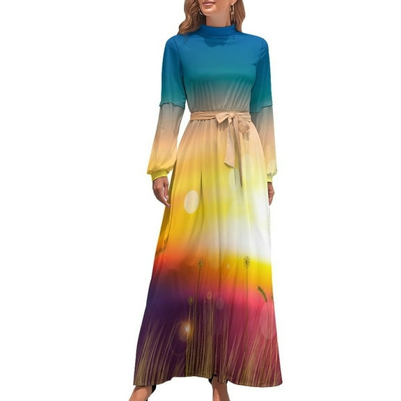 Sunset Colors Dress Abstract Art Print Vintage Graphic Maxi Dress High Waist Long-Sleeve Streetwear Boho Beach Long Dresses