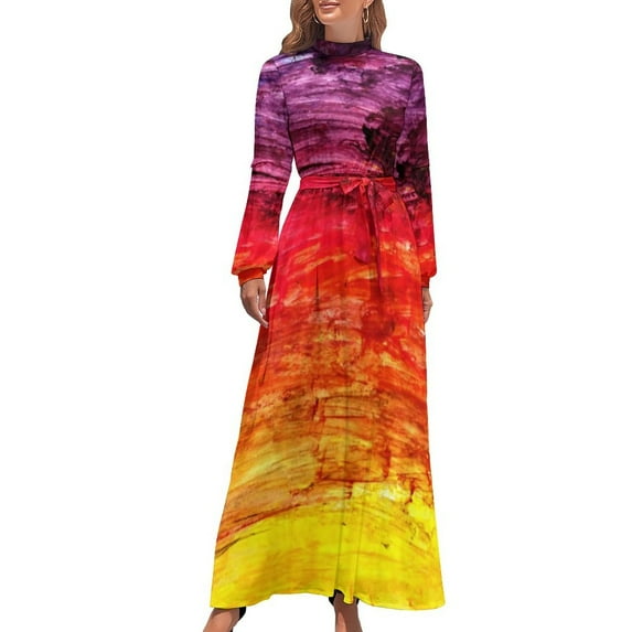 Sunset Colors Dress Abstract Art Print Vintage Graphic Maxi Dress High Waist Long-Sleeve Streetwear Boho Beach Long Dresses