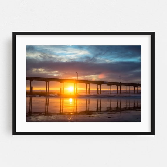 Sunset Column Reflections - San Diego California Photography Seascape Sunset Bridge Ocean Beach Coast Landscape Black Framed Wall Art Print 20 x 30 inches