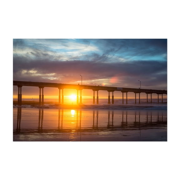 Sunset Column Reflections - San Diego California Photography Seascape Sunset Bridge Ocean Beach Coast Landscape Unframed Wall Art Print 40 x 60 inches