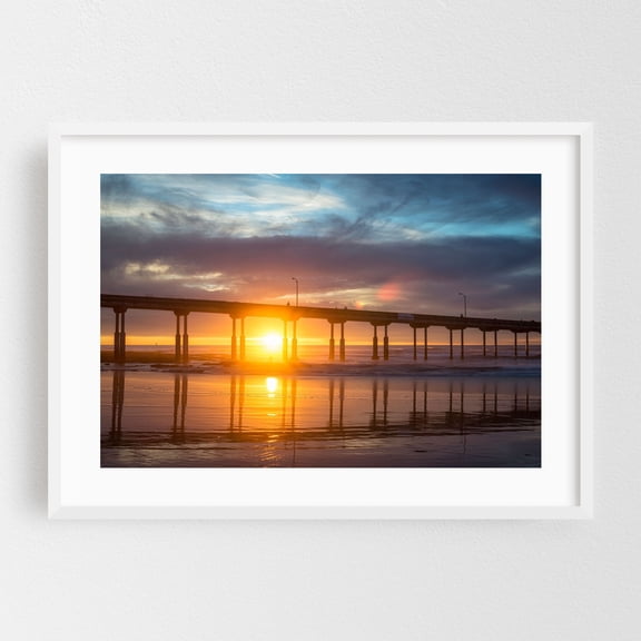 Sunset Column Reflections - San Diego California Photography Seascape Sunset Bridge Ocean Beach Coast Landscape White Framed Wall Art Print 5 x 7 inches
