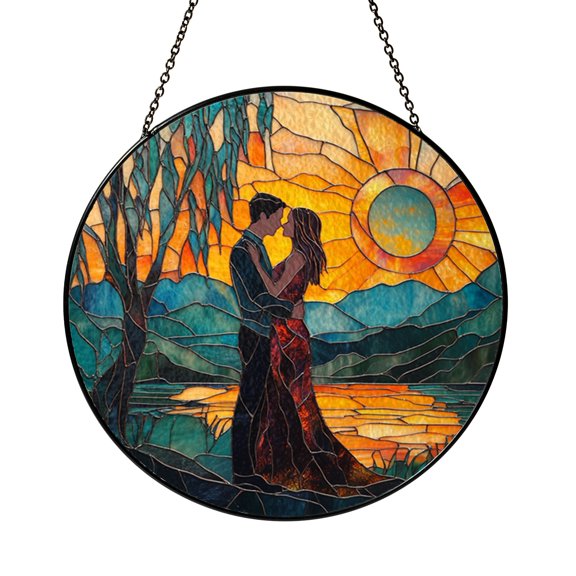 Sunset Couple Acrylic Sun Catcher Faux Stained Glass Round Nature Window Panel