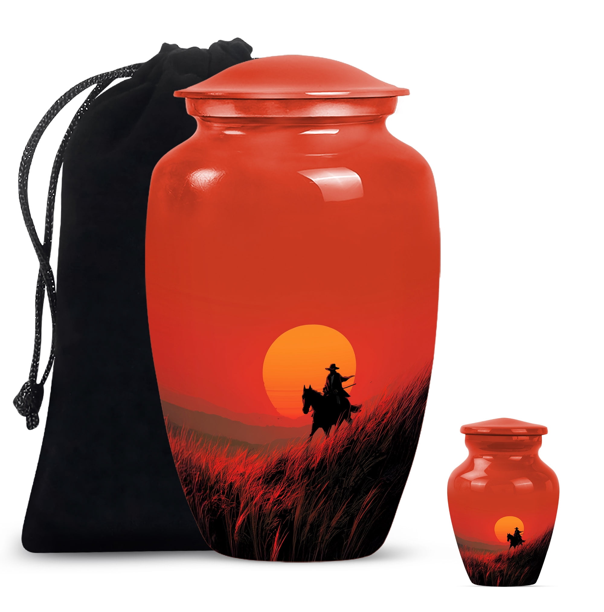 Sunset Cowboy Memorial Keepsake Urns For Ashes, Large Decorative Cremation Urns For Human Ashes Mom & Dad, Cremation Urns For Adult Women Ashes (Size-10 inch 1 Pc, 3 Inch 1pcs)