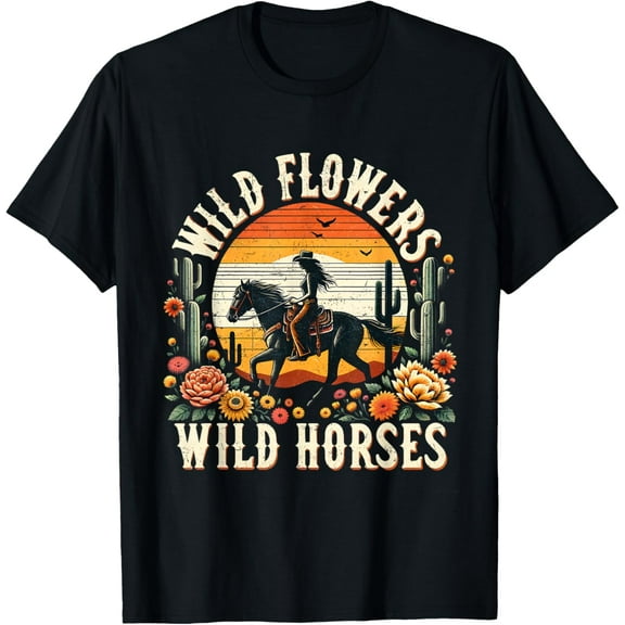Sunset Cowgirl Riding Horse Wild Flowers - Wild Horses T-Shirt