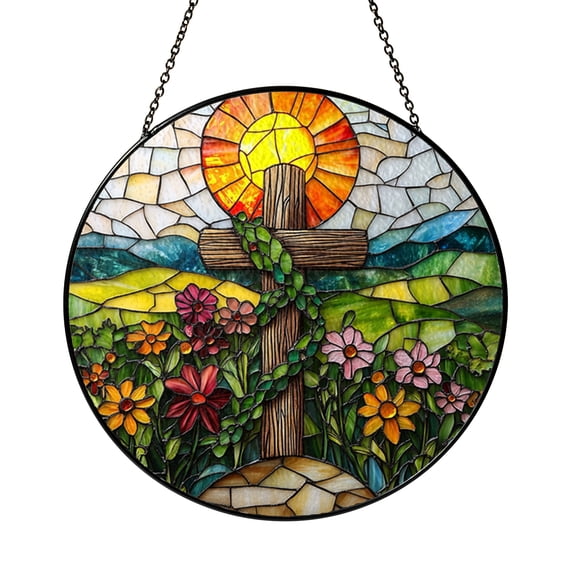 Sunset Cross Pathway Window Suncatcher, Round Stained Glass Style Floral Panel, Inspirational Nature Decor Gift