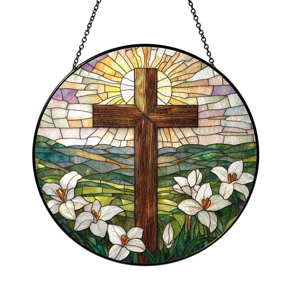 Sunset Cross Round Window Suncatcher, Stained Glass Style Floral Panel, Spiritual Home Accent Gift