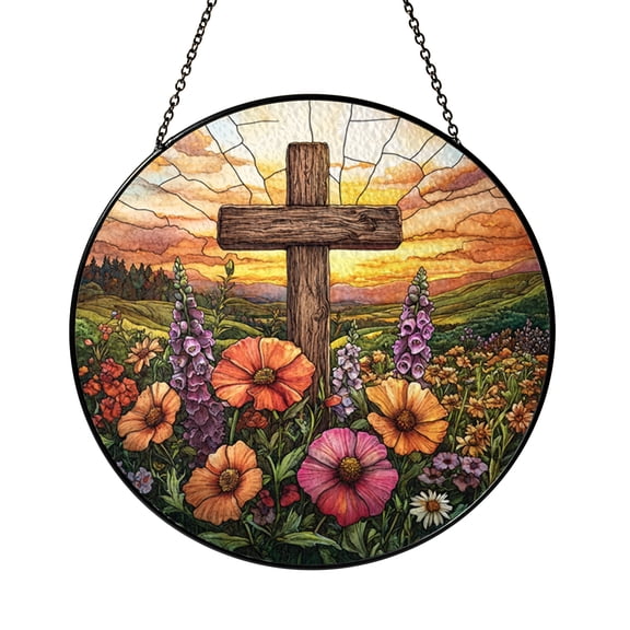 Sunset Cross Stained Glass Suncatcher Round Window Hanging Scenic Ocean and Floral Panel for Home Decor Faith Inspired