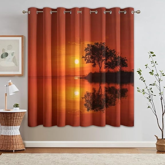 Sunset Curtains 2 Panel Set, Tree Lake Nature Landscape Printed Thermal Darkening Grommet Window Drapes for Living Room, Sunset Home Decor-38"W x 45"L(Pack of 2)