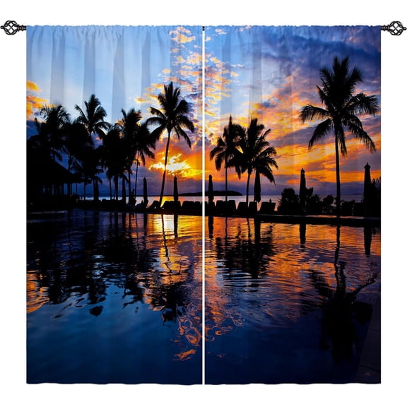 Sunset Curtains Rod Pocket Blackout Room Darkening Curtains with Night Palm Tree Beach Scene Print Pattern Tropical Theme Window Drapes for Bedroom Living Room Cafe Office 2 Panels 52 x 63 Inch