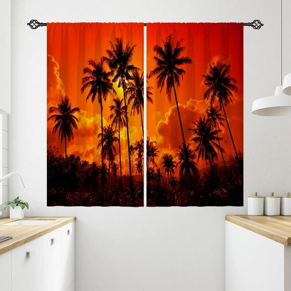 Sunset Curtains Rod Pocket Blackout Room Darkening Curtains with Palm Tree Mountain Scenery Scene Print Pattern Tropical Theme Window Drapes for Kitchen Office Bedroom 2 Panels 26 x 36 Inch