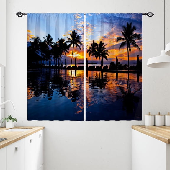 Sunset Curtains Rod Pocket Blackout Room Darkening Curtains with Seaside Night Palm Tree Beach Scene Print Pattern Tropical Theme Window Drapes for Kitchen Office Bedroom 2 Panels 26 x 36 Inch
