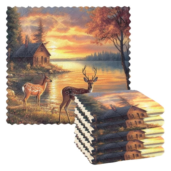 Sunset Deer Kitchen Cloth Dish Towels for Drying Washing Absorbent Dish Rags Reusable soft kitchen dishcloth set 6 Pack
