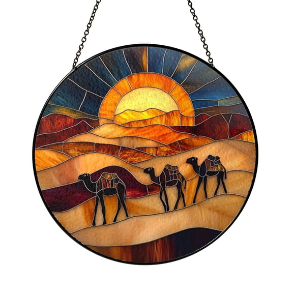 Sunset Desert Camel Stained Glass Style Suncatcher, Sand Dune Landscape Window Decor Panel, Boho Travel Theme Home Accent Art, Decorative Gift for Camel Lovers
