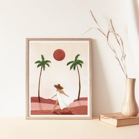 Sunset Desert Wall Art Boho Woman With Palm Trees, Unframed Paper Print