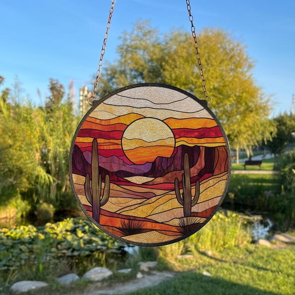 Sunset Desert and Cactus Painted Stained Glass Suncatcher, Window Hanging Decor, Outdoor Sun Catcher Decor, Southwestern Wall Decor