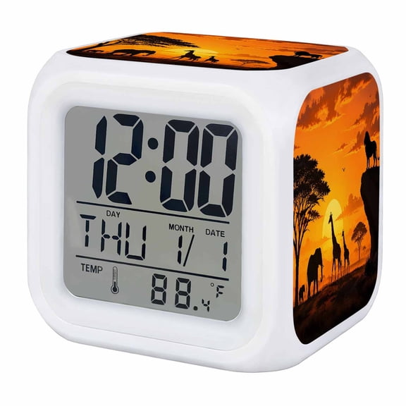 Sunset Digital Alarm Clock for Bedrooms, Smart LED Alarm Clock with 7 Color Changing Night Light, Lion Giraffe Elephant Tree Silhouette Silent Wake Up Clocks for Sleep Study Cooking 3.2"x3.2"