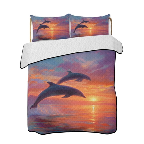 Sunset Dolphin 3 Piece Quilt Bedding Set with 2 Pillow Shams, Dreamy Sunset Jumping Dolphins Lightweight Bedspread Coverlet, Soft Breathable All Season Quilt, 96 x 106 Inch