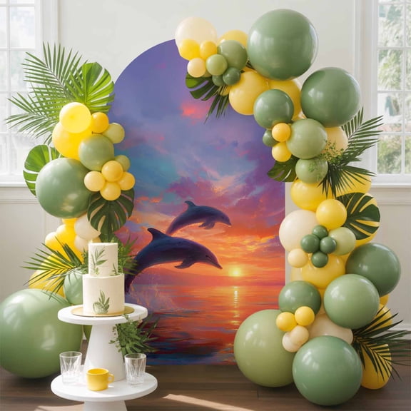 Sunset Dolphin Arch Backdrop Cover, 4FT, Dreamy Sunset Jumping Dolphins Spandex Arch Covers Double-Sided Backdrop for Wedding Birthday Party Photo Background Decoration