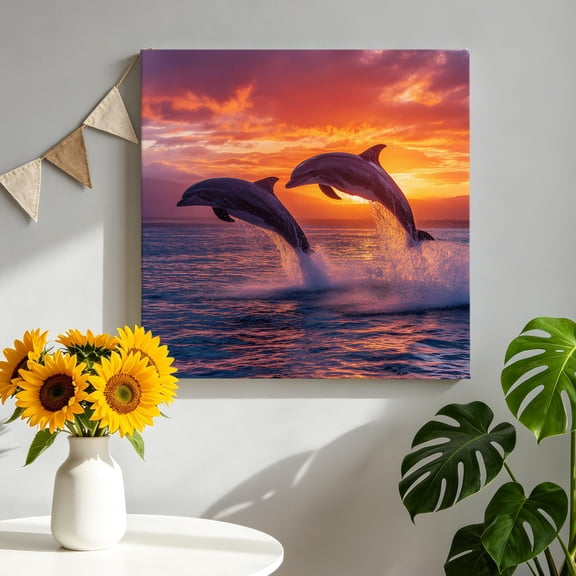 Sunset Dolphin Canvas Wall Art, Dreamy Sunset Jumping Ocean Dolphins Framed Canvas Wall Decor Picture Print Artwork Decorations for Living Room Office Ready to Hang 8" x 8"