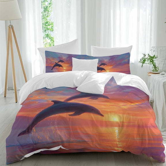 Sunset Dolphin Comforter Set California King Size, Dreamy Sunset Jumping Dolphins Soft Bedding Set for Man Woman, 4 Pieces Duvet Cover Set with Fitted Sheet, 2 Pillowcases