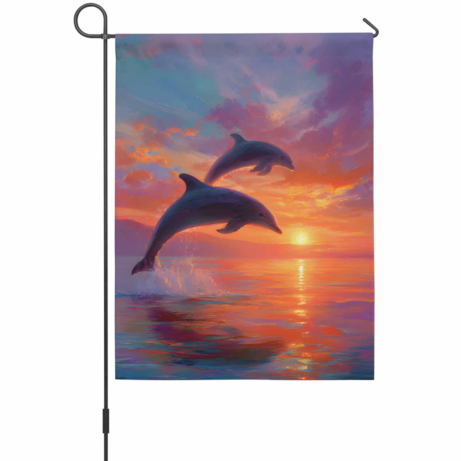 Sunset Dolphin House Flag 28 x 40 Inches, Dreamy Sunset Jumping Dolphins Weather Proof Outdoor Patio Flags Double Sided Small House Decoration for Yard Lawn Outside Home
